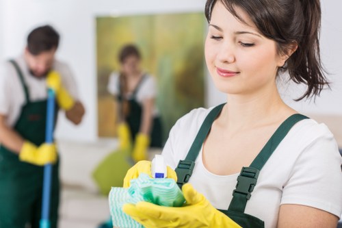 Professional carpet cleaning team following safety procedures