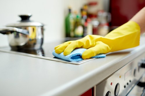 Technician treating high-traffic carpet areas in an Osidge business